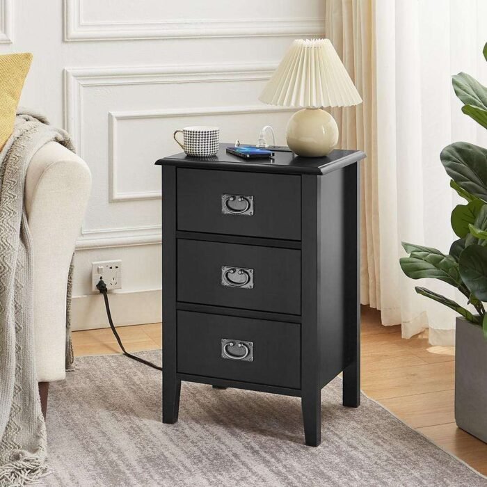 Nightstand Set of 2-with Charging Station, Black End/Side Table with USB Ports, Nightstands with 3-Drawers Storage Shelf