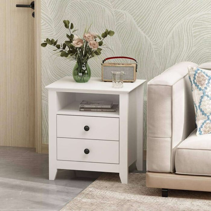 White Wooden Standard Nightstand, End Table with 2 Drawers and Open Shelf, 19.7 L x 15.7 in. W x 21.7 in. H